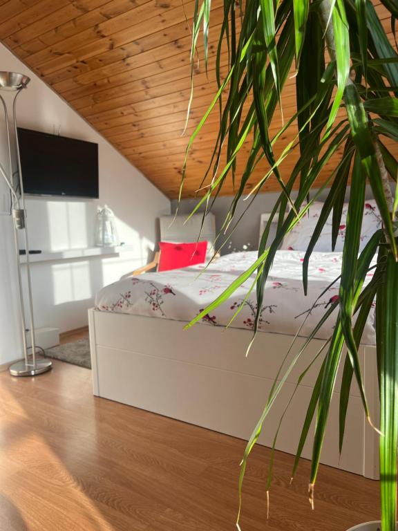 - une chambre avec un lit et un plafond en bois dans l'établissement Podkrovní apartmán s balkónem, à Ostrava