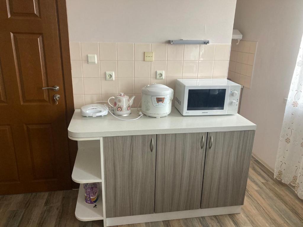 kuchnia z blatem z kuchenką mikrofalową i urządzeniami w obiekcie Apartment Pomorie w mieście Pomorie