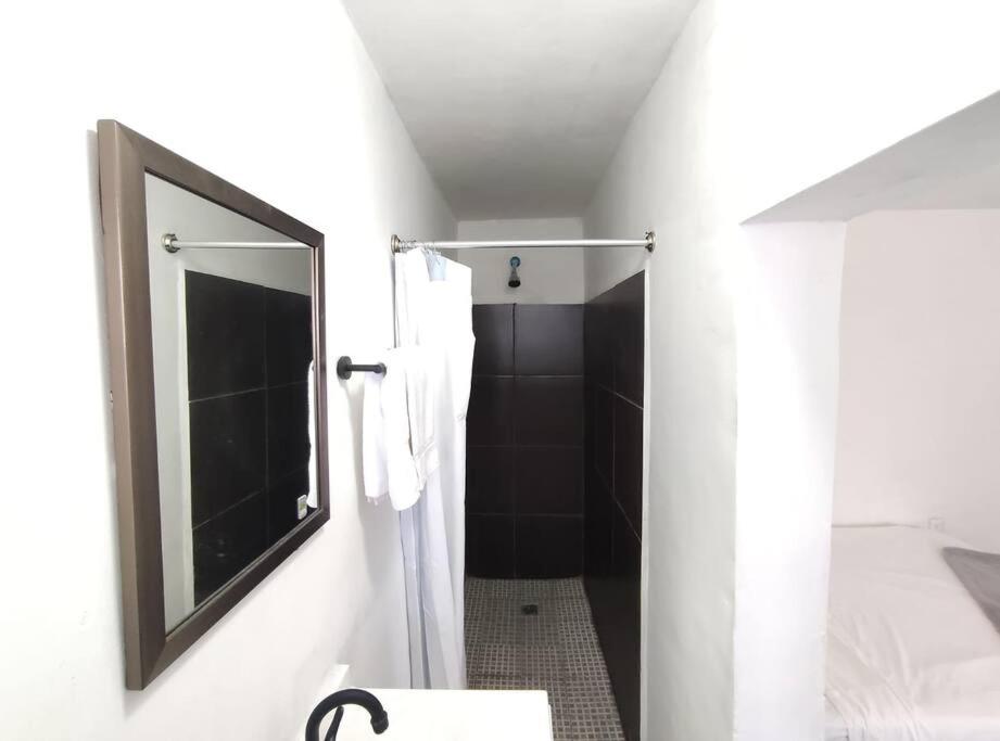 ein weißes Bad mit einem Spiegel und einer Dusche in der Unterkunft Confortable Loft MN 960 G Centro Mty cerca de todo in Monterrey