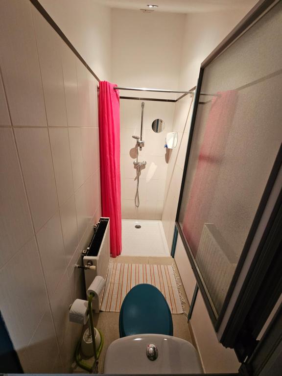 een kleine badkamer met een rood douchegordijn en een toilet bij Cafe de la croix morzel in Cordemais
