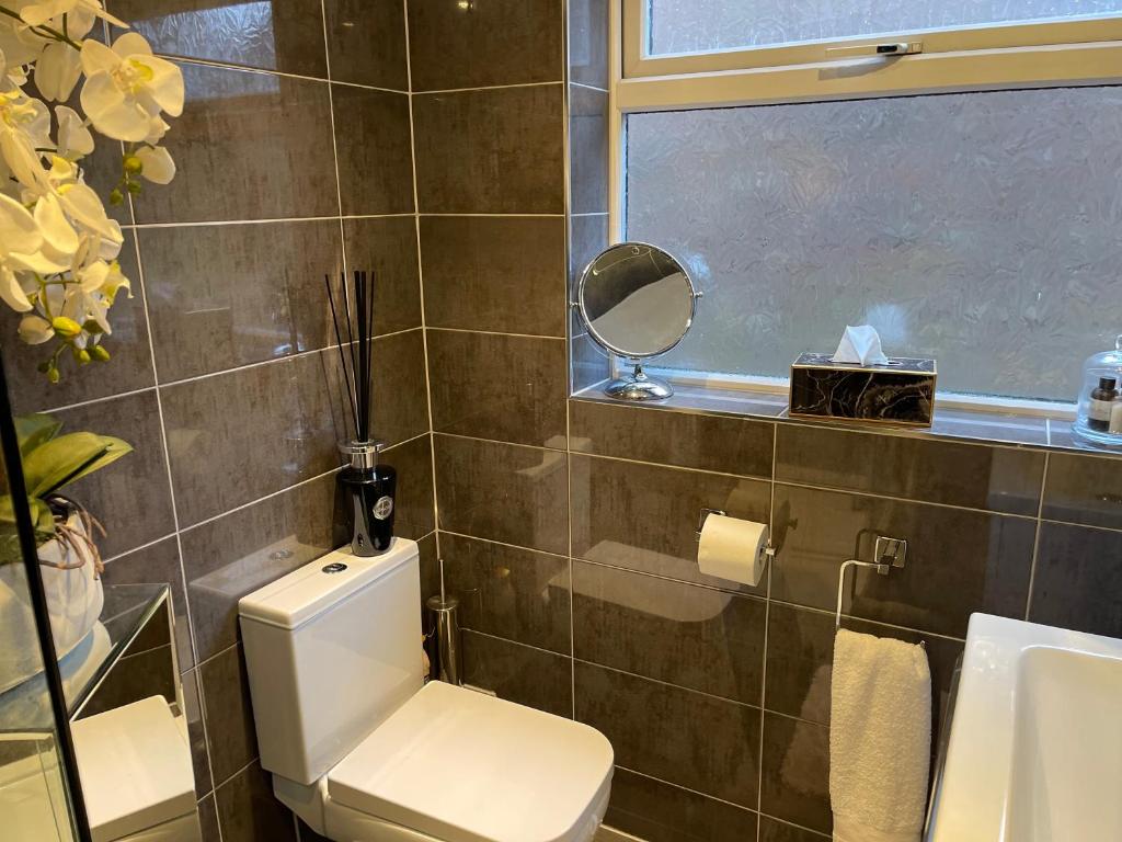 a bathroom with a toilet and a sink and a mirror at Cosy Cottage 90 - Central Bawtry - 2 Bedroom - High End Furnishings in Bawtry