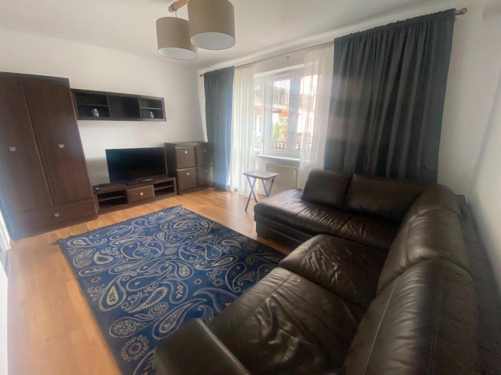 uma sala de estar com um sofá de couro e uma televisão em Apartament Świder em Otwock