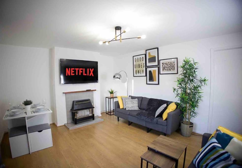 a living room with a couch and a fireplace at Deluxe 2 bedroom home in London in London