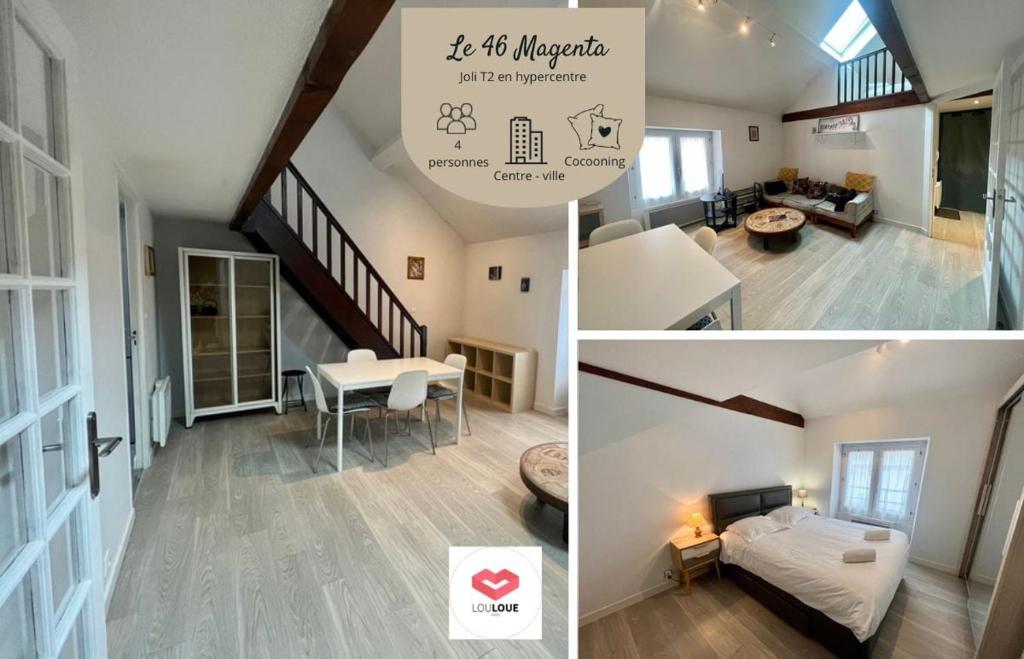 un collage de trois photos d'un salon et d'une chambre dans l'établissement Le 46 Magenta - Grand Duplex en hypercentre, à Poitiers