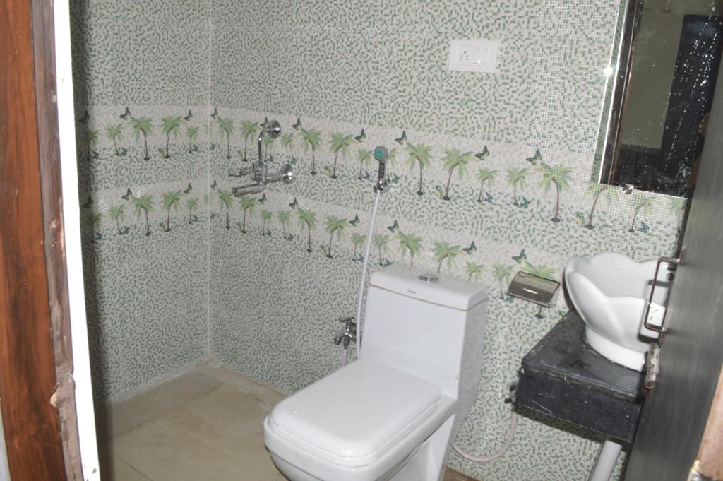 a bathroom with a toilet and a sink at Hotel Plaza_Khajuraho in Khajurāho