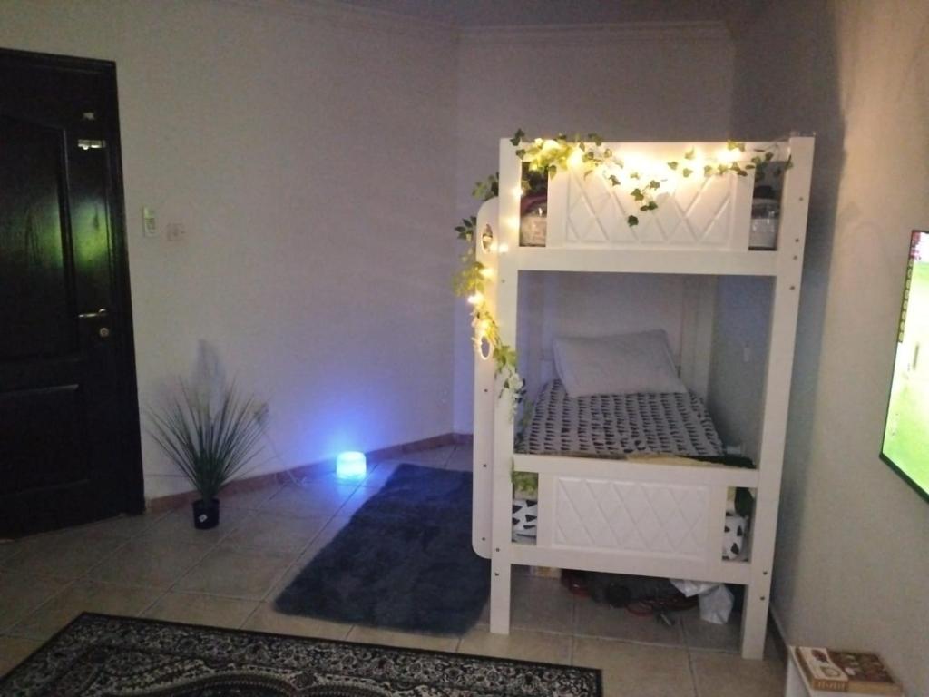 a white bunk bed with lights on it in a room at ZED Hostel (Mix Share Studio) in Abu Dhabi