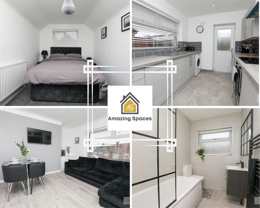 a collage of photos of a bedroom and a living room at Newly Renovated 3 Bedroom House with Parking by Amazing Spaces Relocations Ltd in Liverpool