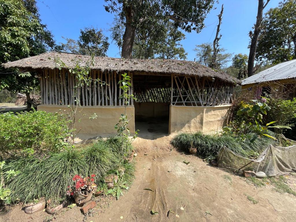 une petite maison avec un toit en paille et quelques plantes dans l'établissement Prem Bardiya Homestay, à Bākhri Kharka