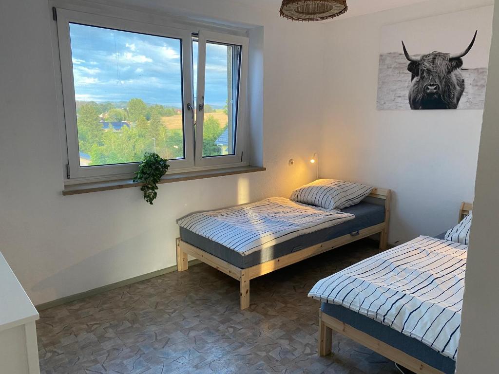 a bedroom with two beds and a window at Simsongarage Mönchswalde in Obergurig