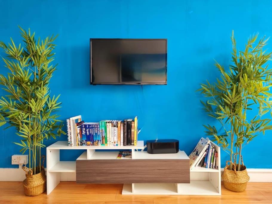 a living room with a tv on a blue wall at Comfy Nest near Angel and Old St in London