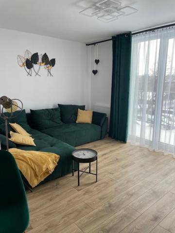 a living room with a green couch and a table at Rado apartments in Svit