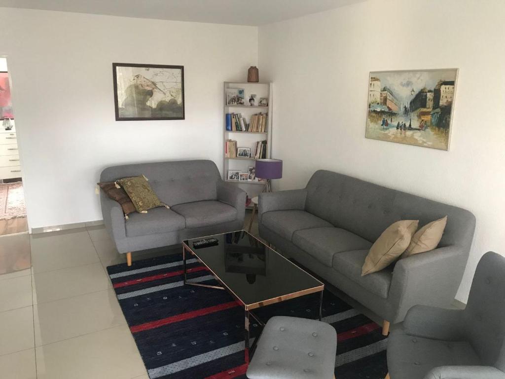 uma sala de estar com dois sofás e uma mesa de centro em Goethe Apartment em Hanôver