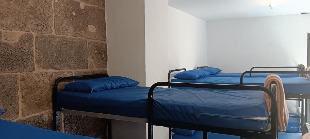 drie bedden in een kamer met blauwe kussens erop bij Albergue Santiago Apostol in Logroño