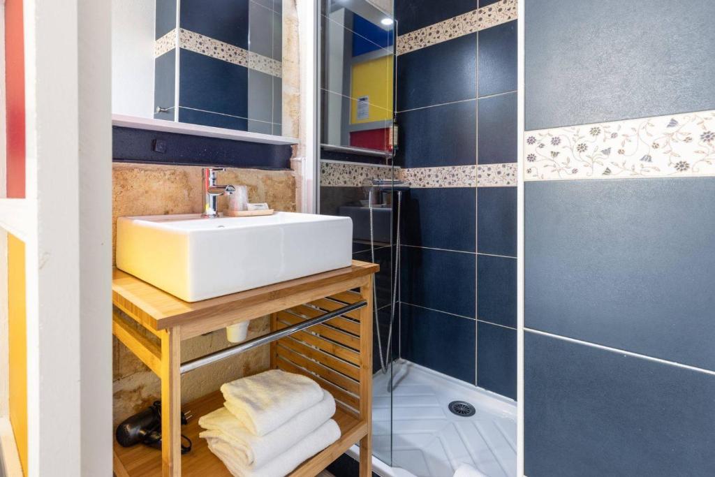 La salle de bains est pourvue d'un lavabo et d'une douche. dans l'établissement Hôtel La Tour Intendance, à Bordeaux