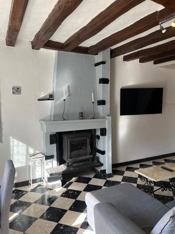 a living room with a fireplace and a tv at Stunning 2 bedroom townhouse in pretty village in Mézières-en-Brenne