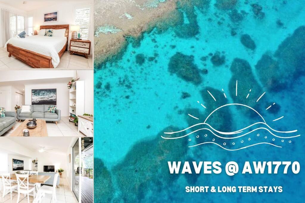 a collage of three pictures of a bedroom and a beach at Beach home in the heart of Agnes in Agnes Water