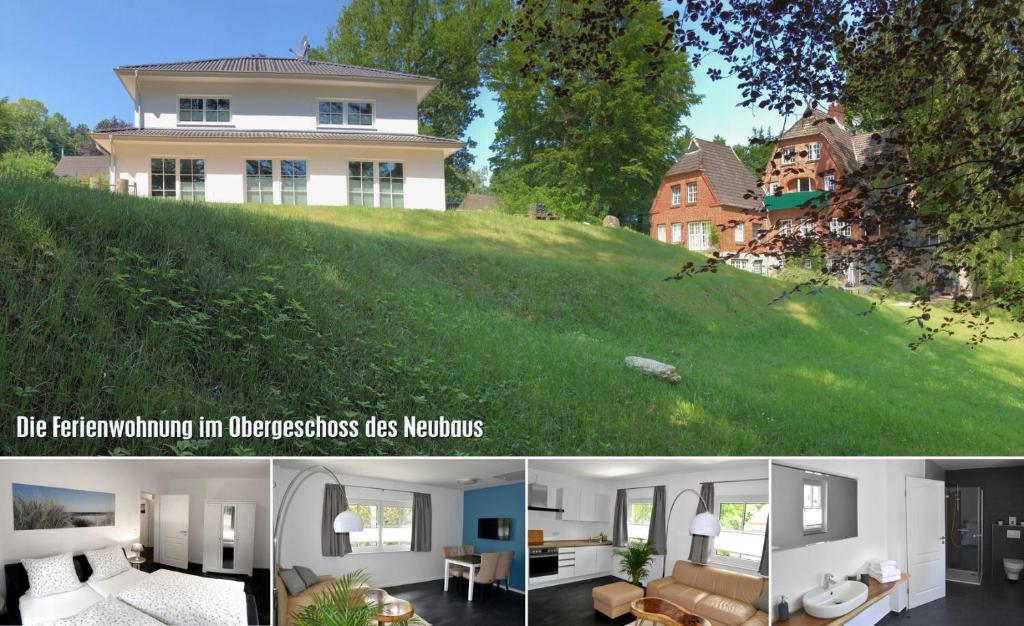 a collage of two pictures of a house at Ferienwohnung auf einem Reiterhof in Scharbeutz