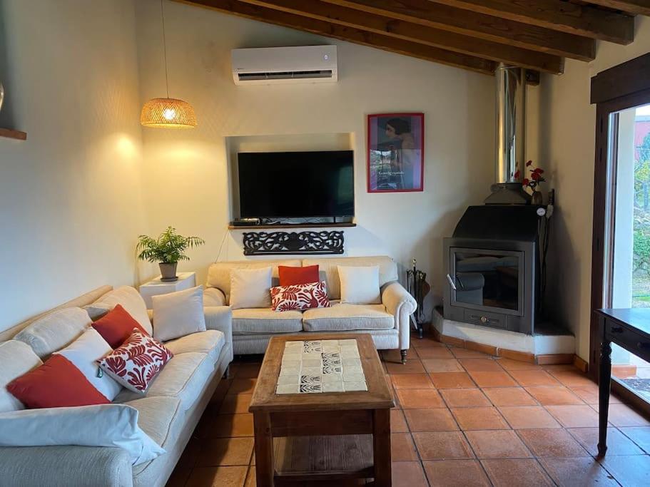 een woonkamer met 2 banken en een televisie bij Casa Galatea con jardín junto al pueblo in Villanueva de la Vera
