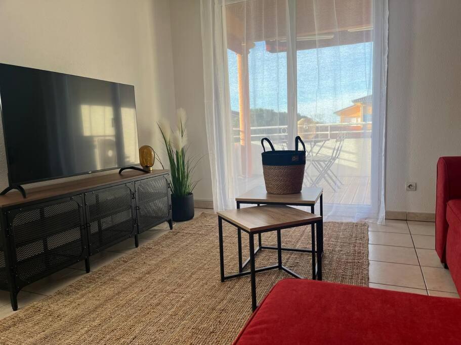 a living room with a large flat screen tv at Appartement lumineux terrasse piscine in Cugnaux