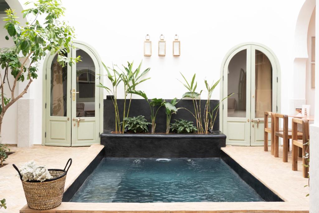 a pool in the middle of a room with plants at Riad Al Uzza in Marrakech