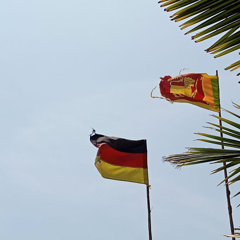 dos banderas en un poste junto a una palmera en Moragalla Beach Apartments, en Moragalla