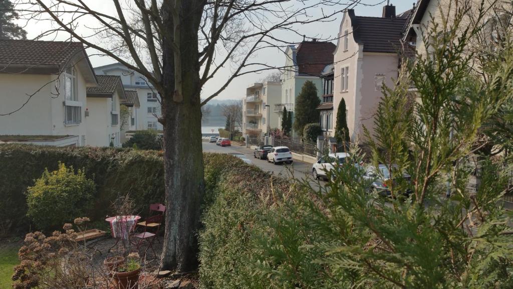 uma rua da cidade com casas e uma árvore em Wohnung am Rhein, 20 Minuten von Bonn/ 45 Minuten von Köln. Möbliert perfekt für Wochenendfahrer/in em Königswinter