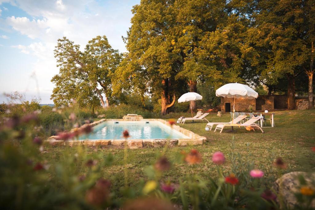 a swimming pool in a yard with umbrellas at Maison Lou Piade in Sarlat-la-Canéda