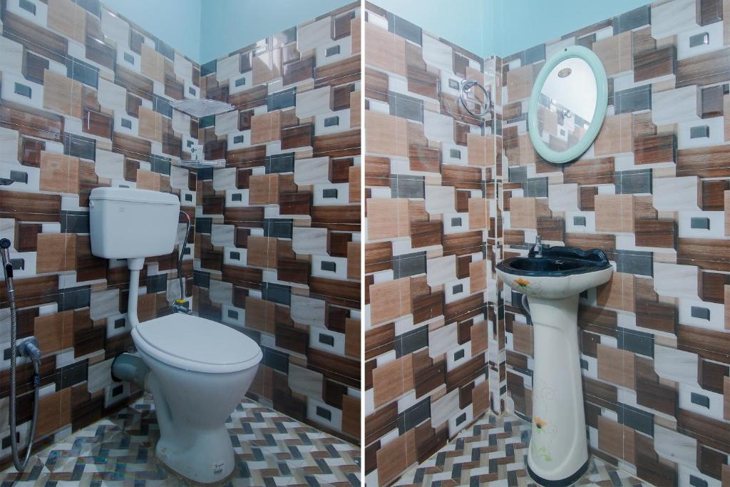2 zdjęcia łazienki z toaletą i umywalką w obiekcie OYO Flagship Bonfire Kaziranga Resort w mieście Kaziranga