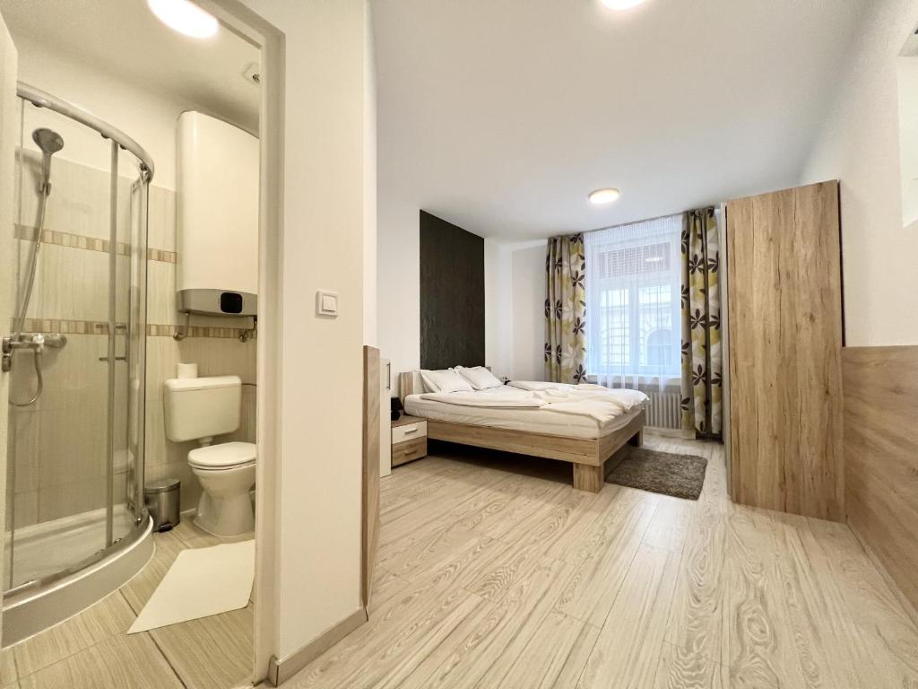 sypialnia z łóżkiem, prysznicem i toaletą w obiekcie BpHomes w Budapeszcie