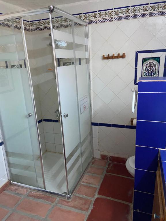 a glass shower in a bathroom with a toilet at RESIDENCE DAR YASMINa in Mezraya