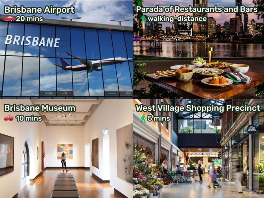 un collage d'images d'un centre commercial dans l'établissement Stylish 2BR Haven in West Ends Vibrant Heart, à Brisbane