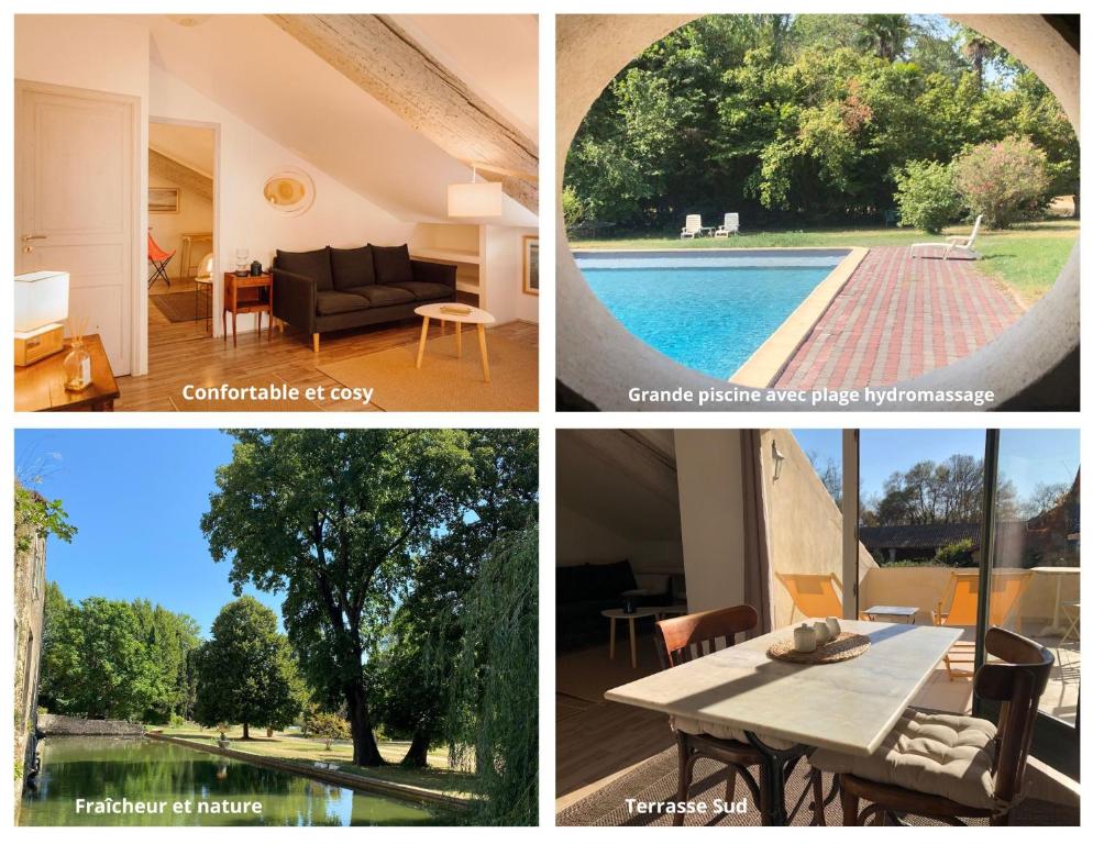 un collage de fotos de una casa con piscina en Terrasse avec vue Domaine Viticole, en Sallèles-dʼAude