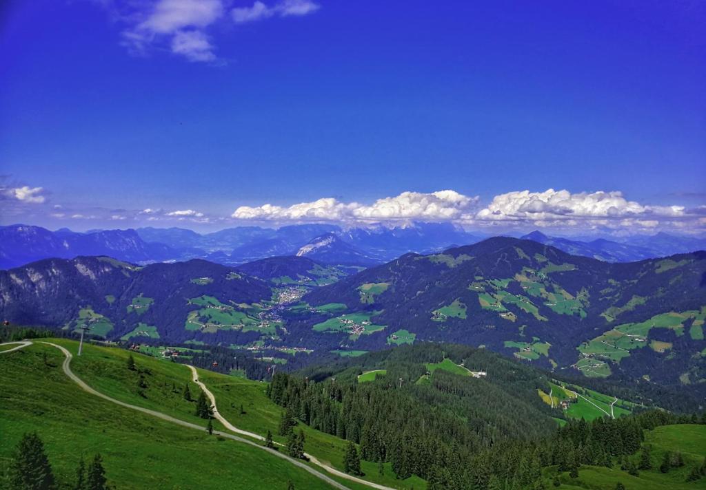 a view of a green mountain with a road at Apartment Haus Schönwies in Alpbach