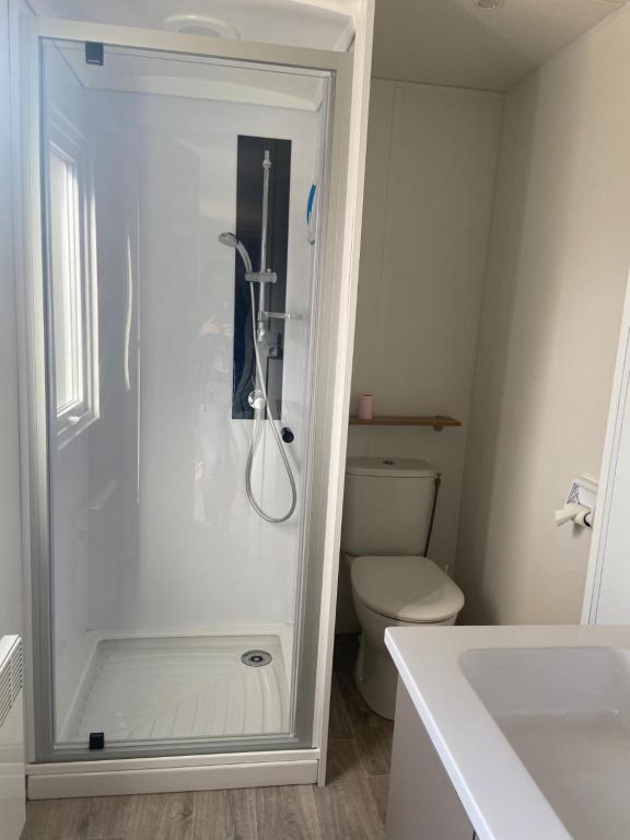 une douche dans une salle de bain avec toilettes dans l'établissement MOBIL HOME 2 CHAMBRES CLIMATISE, à Gastes