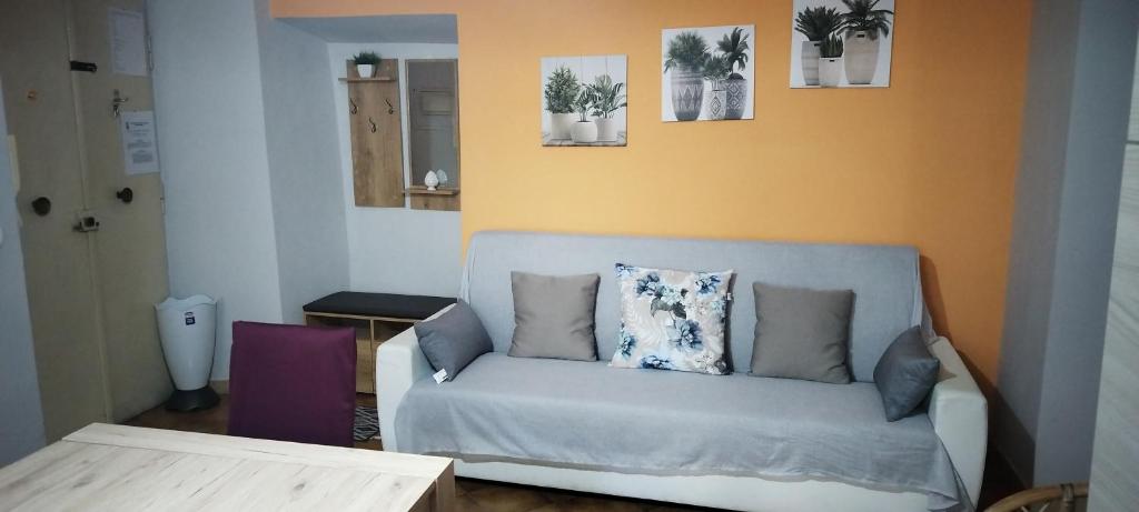 sala de estar con sofá y almohadas en Casa Vacanze SOFIA en Bolsena