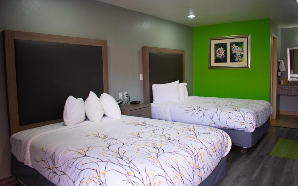 duas camas num quarto de hotel com paredes verdes em Fort Davis Inn & RV Park em Fort Davis