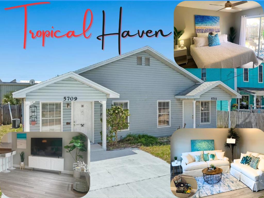 a collage of a house with a bedroom and a living room at Tropical Haven in Panama City Beach