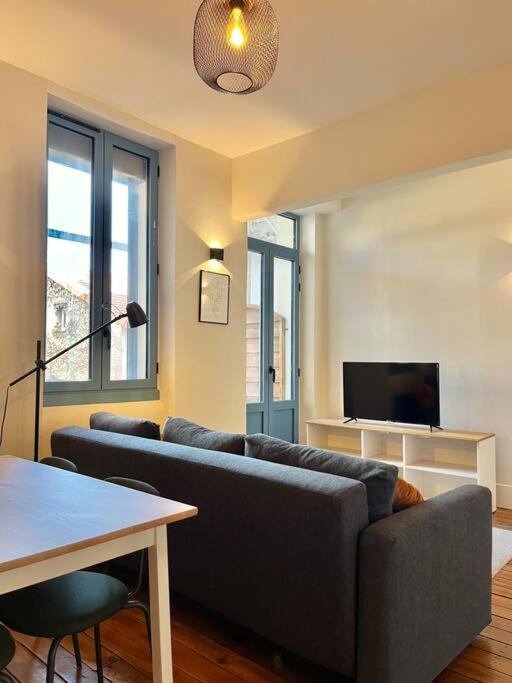 un salon avec un canapé et une télévision dans l'établissement Le Printemps * Bel appartement climatisé * Hypercentre, à Toulouse