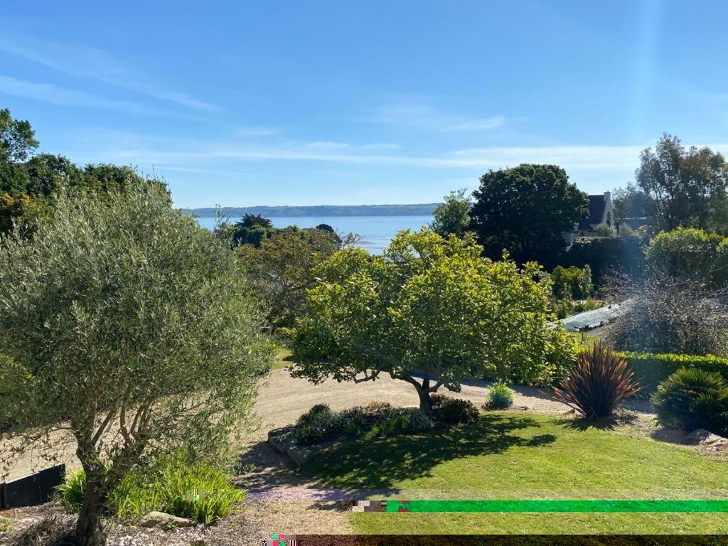 un jardin avec des arbres et une vue sur l'eau dans l'établissement Maison vue mer - 2 à 10 personnes, à Locquirec