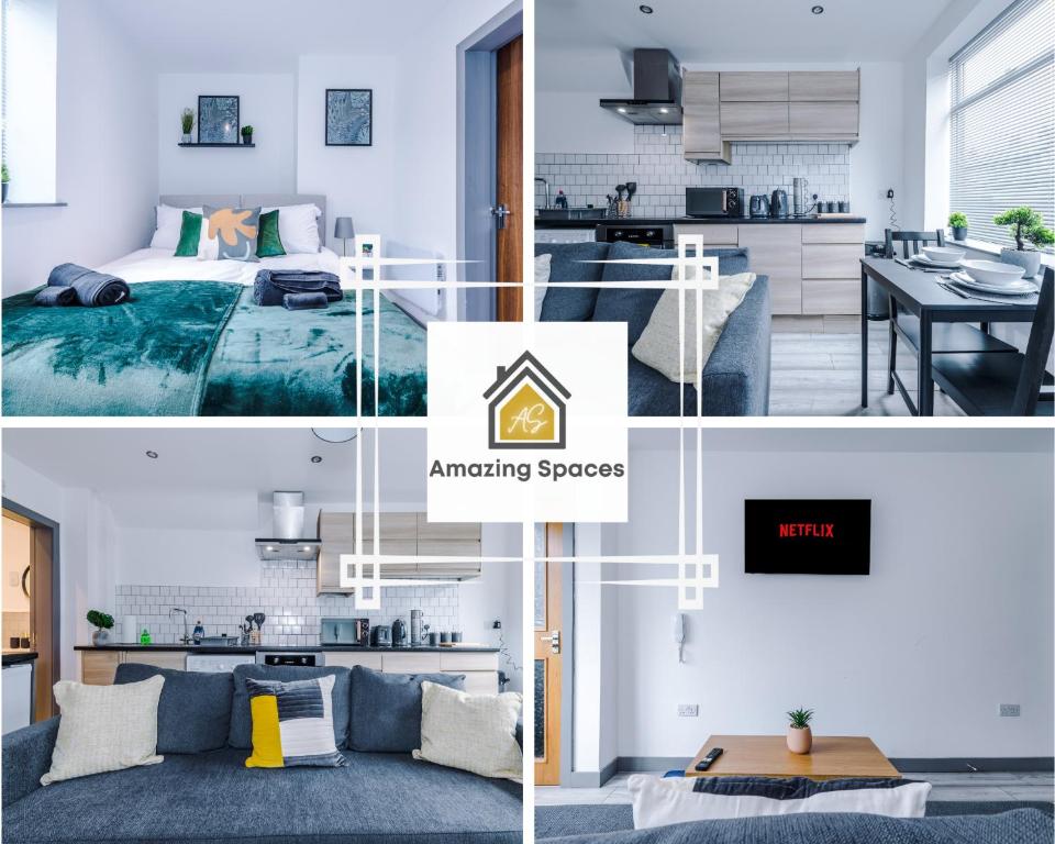 un collage de fotos de un dormitorio y una sala de estar en Elegant & Comfortable 1-BR Flat by Amazing Spaces Relocations Ltd, en Warrington
