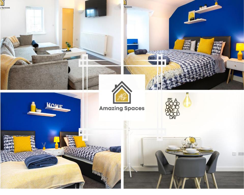 collage of photos of a room with two beds and anancing spaces w obiekcie LARGE UNIQUE 2 BEDROOM DUPLEX APARTMENT WITH PRIVATE PARKING & FREE WIFI - VAT QUALIFYING BY AMAZING SPACES RELOCATIONS Ltd w mieście Warrington