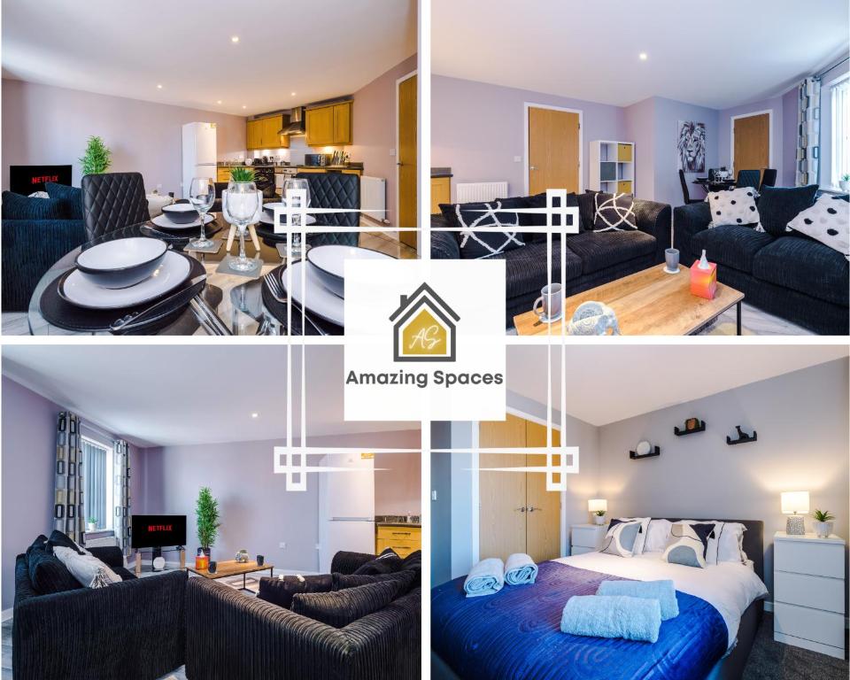 eine Collage mit Fotos von einem Wohnzimmer und einem Anpassungsprozess in der Unterkunft MODERN 2 BEDROOM 2 BATHROOM APARTMENT SLEEPS 4 IN WARRINGTON FOR WORK AND LEISURE WITH PRIVATE PARKING BY AMAZING SPACES RELOCATIONS Ltd in Warrington