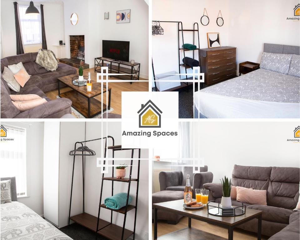 uma colagem de fotos de um quarto e de espaços incríveis em Spacious 3 bed Terrace House with free parking & free Wi-Fi by Amazing Spaces Relocations Ltd em Saint Helens