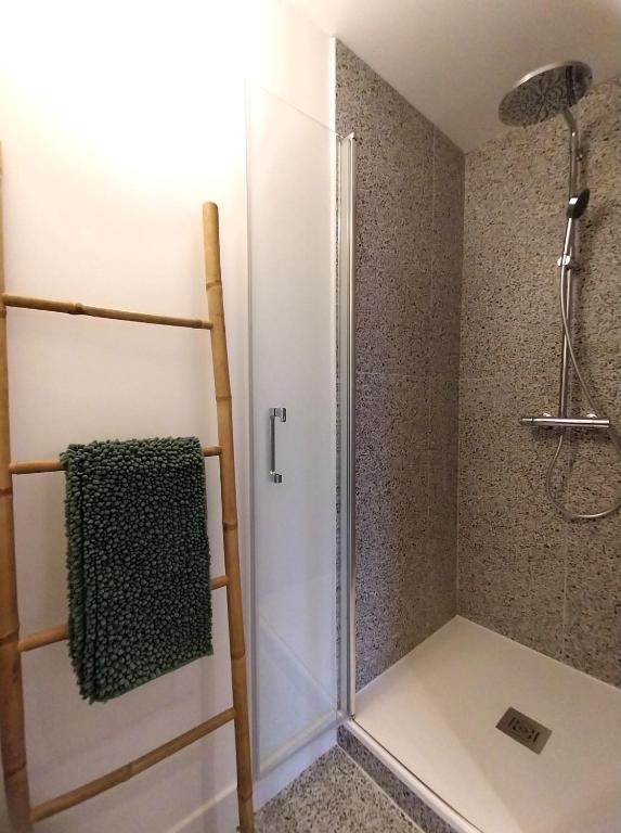 eine Dusche mit Glastür im Bad in der Unterkunft Gîte-appartement RDC La Ville au Monnier in Pleurtuit