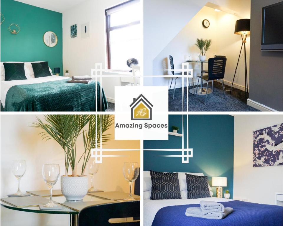 a collage of photos of a hotel room at Charming 3-Bedroom Retreat in Barrow-in-Furness by Amazing Spaces Relocations Ltd. in Barrow in Furness