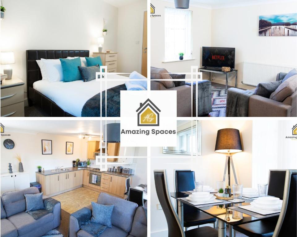 un collage de fotos de una sala de estar y espacios de gestión en Spacious 2Bedroom 2Bathroom Flat in Warrington by Amazing Spaces Relocations Ltd., en Warrington