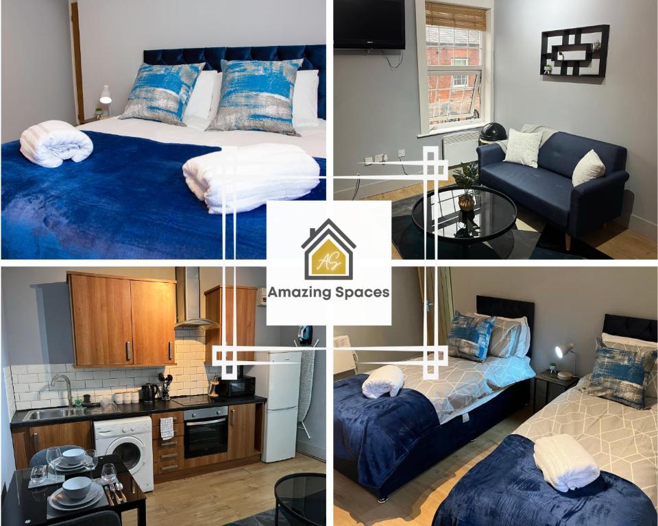 a collage of photos of a bedroom and a living room at City Centre 2 Bed Flat Sleeps 3 for Work and Leisure with Free Wifi by Amazing Spaces Relocations Ltd in Warrington