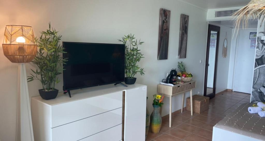 TV o dispositivi per l'intrattenimento presso Couleur Caraïbes-TI EVASION appartement dans un hôtel 3 étoiles vue mer