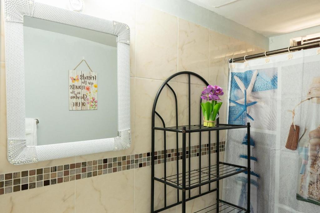 a bathroom with a mirror and a black shelf at Finest Accommodation Caribbean Estate Lot 78 in Portmore