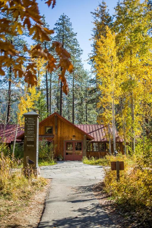 a log cabin in the middle of a forest at Sleeping Lady Mountain Resort in Leavenworth